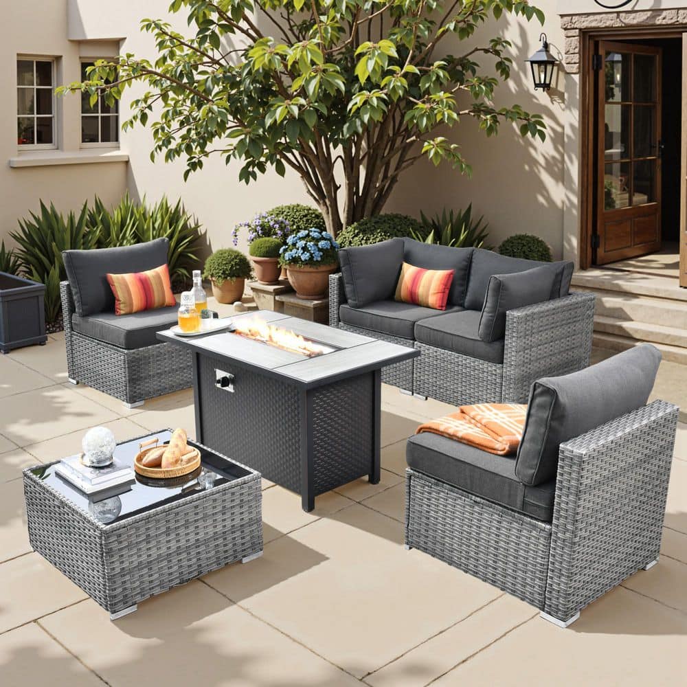 Sanibel Gray 6-Piece Wicker Outdoor Patio Conversation Sofa Sectional Set with a Metal Fire Pit and Black Cushions price history on PriceWatchPro