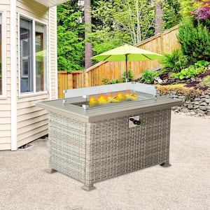 44" Aluminum Propane Fire Pit Table with Faux Ledgestone 50,000 BTU Gas Fire Table Waterproof Cover Glass Rock Chocolate