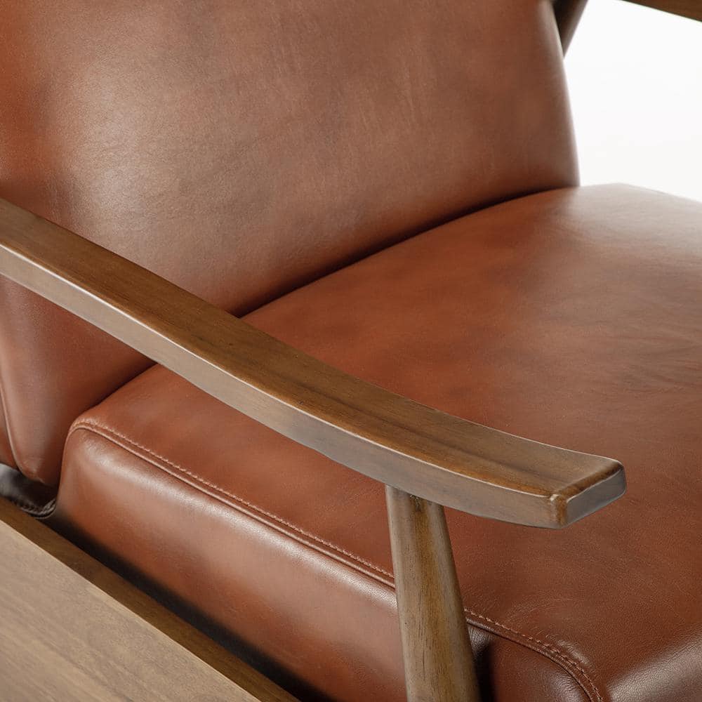 Caramel Mid-Century Modern Faux Leather Recliner with Wooden Arms