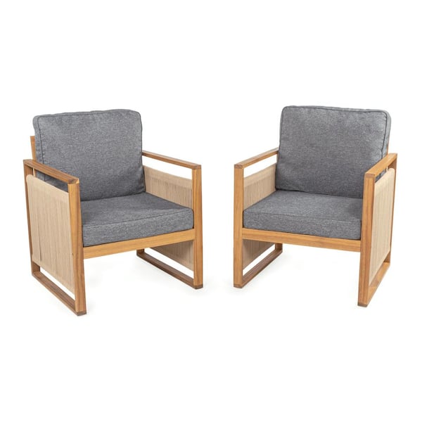 Gable Mid-Century Modern Roped Acacia Wood Outdoor Patio Chair with Cushions Gray/Teak Brown with Cushions (Set of 2)
