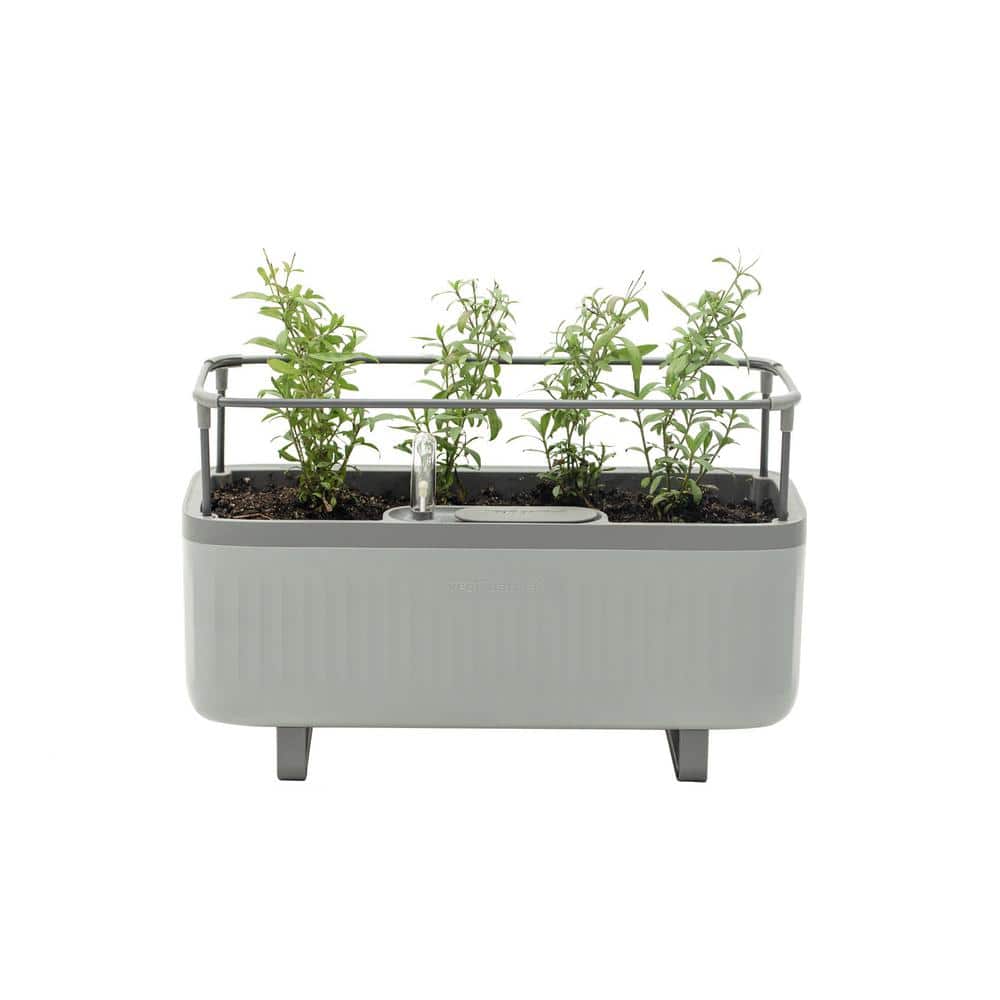 vego garden Herb Planter Box Recyclable Plastic with Trellis Self-Watering Rolling Raised Bed for Vegetables Plants Cage, Fog Gray