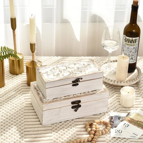 Distressed White-Washed Pine Decorative Storage Box Set (2-Piece
