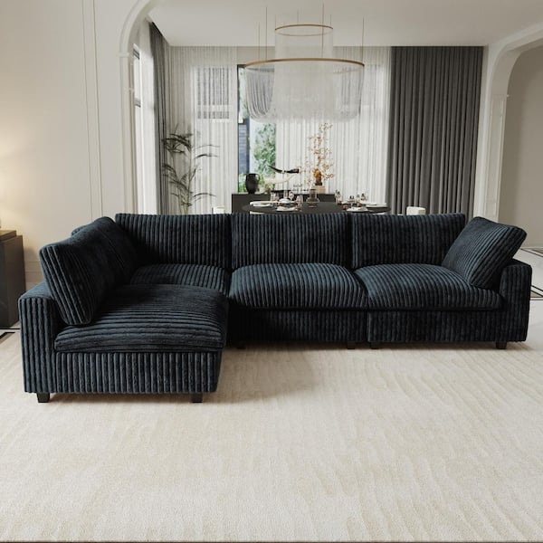 Magic Home Down Filled Oversized 157 in. Square Arm Faux Rabbit Fur Velvet Modular Sofa Lawson Cloud Couch for Apartment in. Black