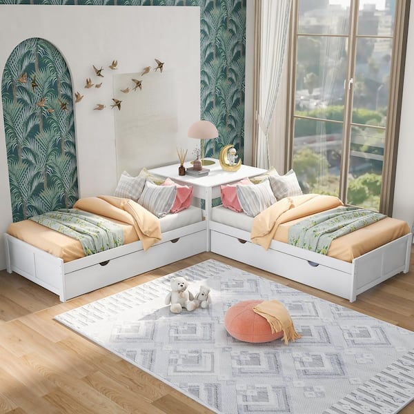Dベット 117.3 in Twin Size L-shaped Platform Bed with Two Trundles and