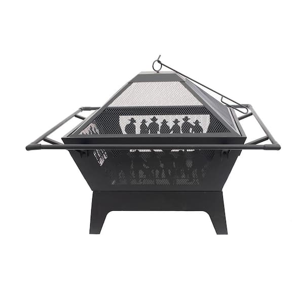BLUE SKY OUTDOOR LIVING 31.5 in. Square Steel Wood Fire Pit with Screen And Screen Lift - Decorative Cowboy Design