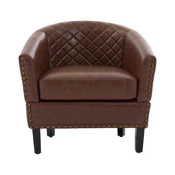 Brown PU leather accent armchair with diamond tufting and nailhead trims.