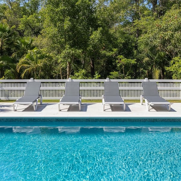 Outdoor Chaise Lounge Plastic Pool with Aluminum Frame Stackable Chairs for Poolside Beach Deck, Grey(4 pack)