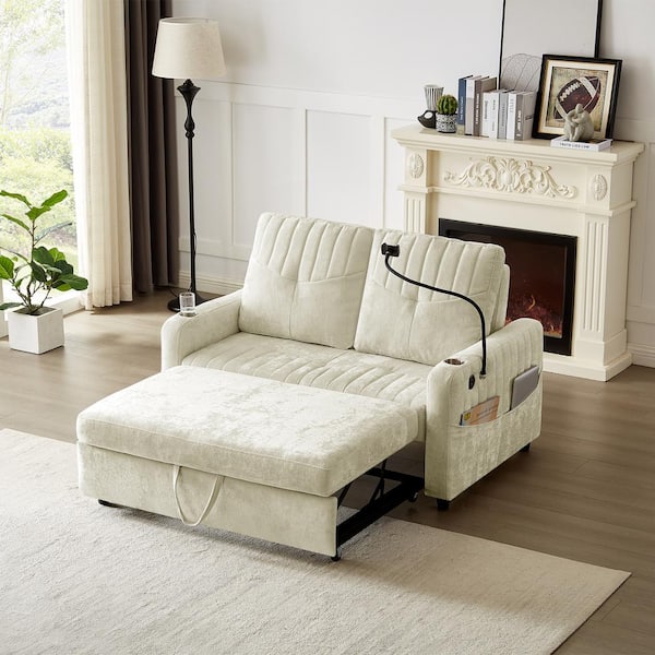 53.9 in. Beige Chenille Fabric 2-Seater Pull-out Loveseat with Adjustable Backrest, Cup Holders and USB Ports