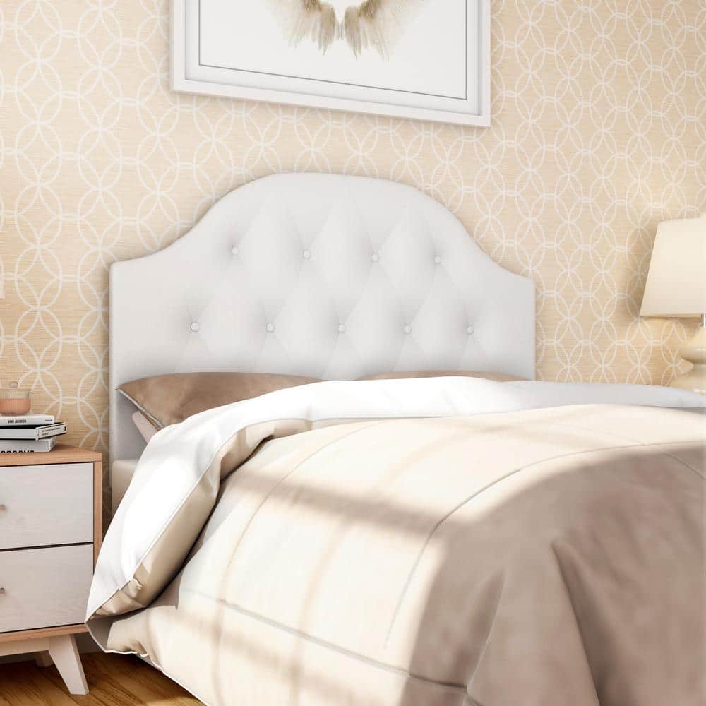Queen White Faux Leather Tufted Scalloped Headboard