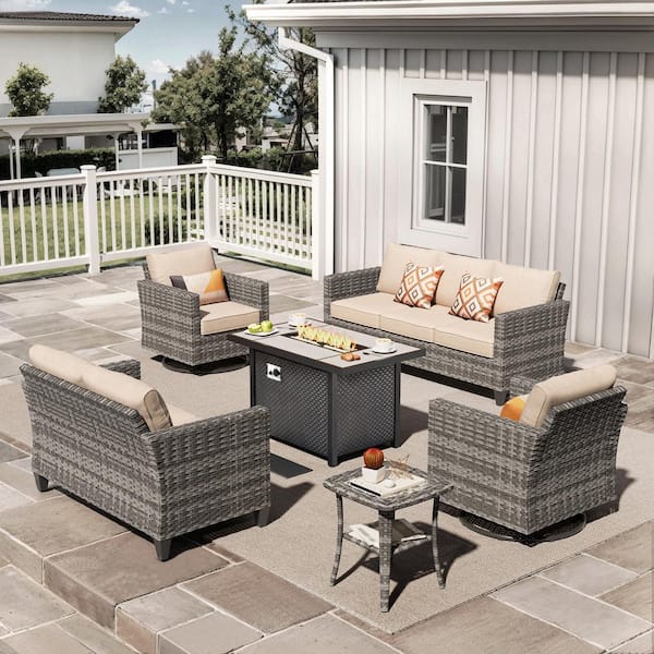 XIZZI Jupiter 6-Piece Wicker Outdoor Patio Fire Pit Seating Sofa Set and with Beige Cushions and Swivel Rocking