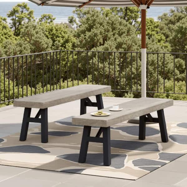 Benjara Wren Gray and Black Wood Outdoor Ottoman Bench with Slat Panel (Set of 2)