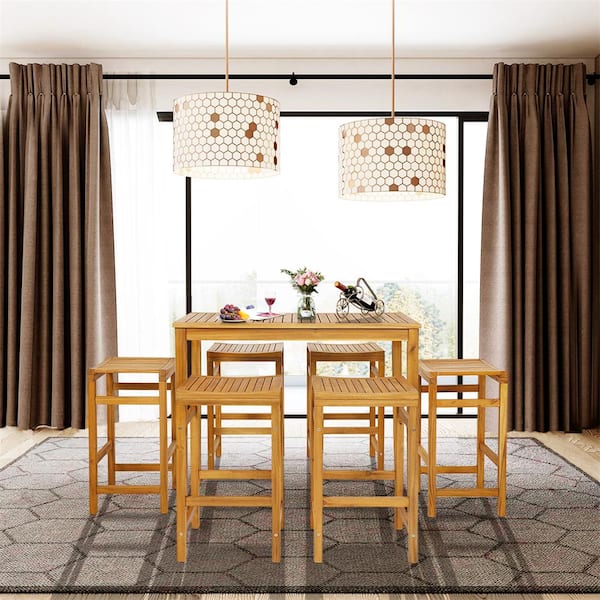 Costway 7-Piece Rectangular Teak Acacia Wood Top Bar Table (Set Seats 6 )