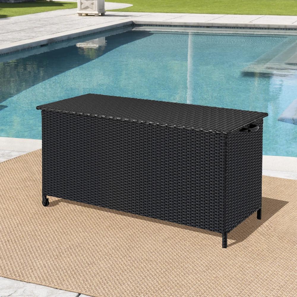 Black Wicker 85 Gallon Outdoor Deck Box with Wheels