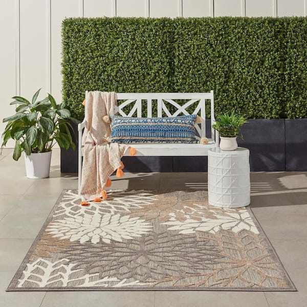 Aloha Natural 5 ft. x 8 ft. Floral Modern Indoor/Outdoor Patio Area Rug