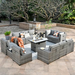 Marvel Gray 13-Piece Wicker Wide Arm Patio Fire Pit Conversation Set with Dark Gray Cushions