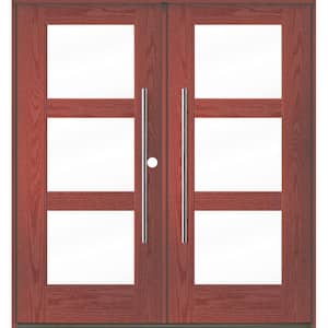 Faux Pivot 72 in. x 80 in. Left-Active/Inswing 3-Lite Clear Glass Redwood Stain Double Fiberglass Prehung Front Door