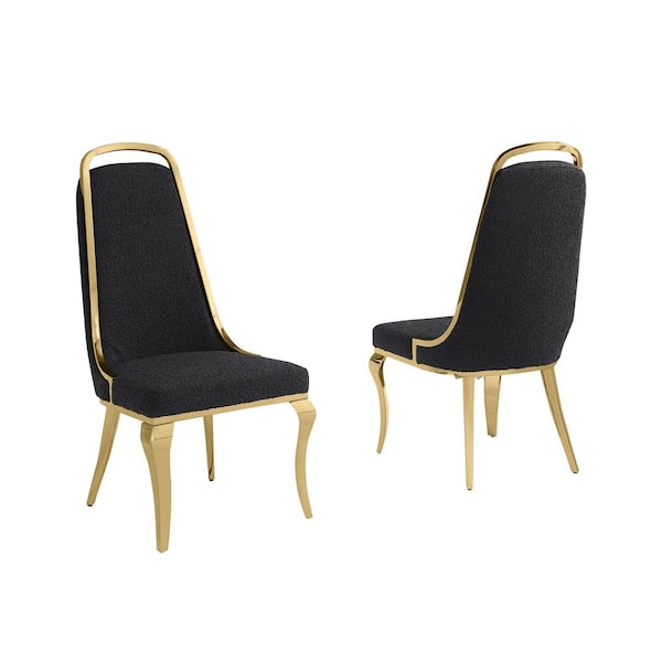 Best Quality Furniture Bora Black Boucle Fabric Side Chair (Set of 2) with Gold Legs