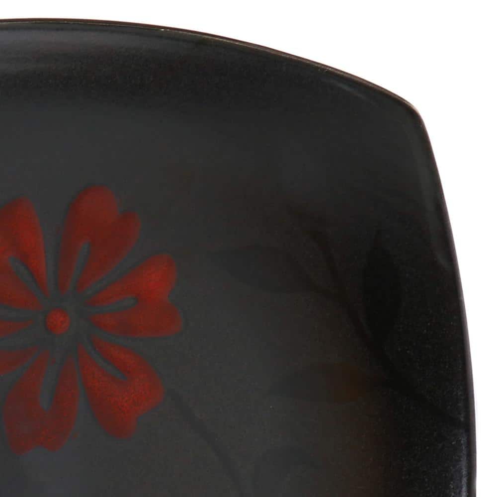 Black Ceramic Square Salad Plates with Floral Design, Set of 4