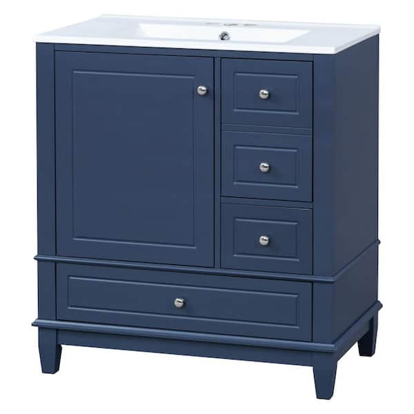 30 in. Freestanding Blue Bath Vanity with White Ceramic Top Sink and Shelf, Three Drawers