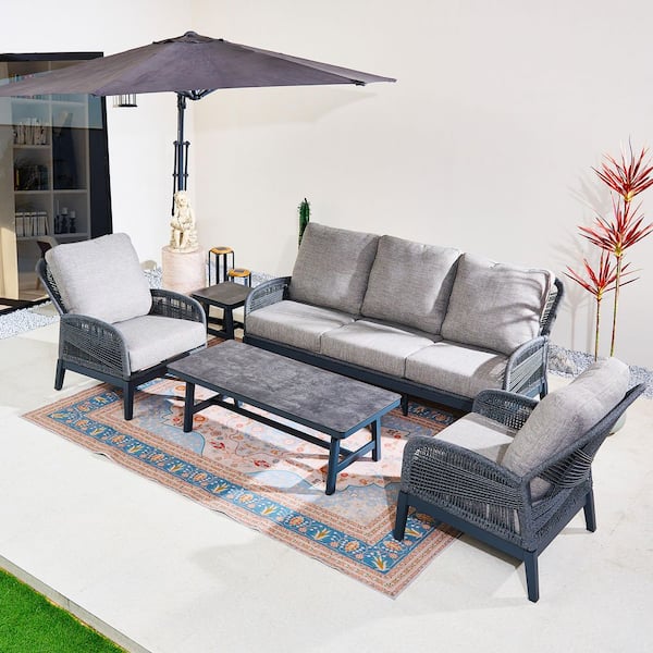 Bellaire 8-Piece Outdoor Aluminum Rope Weaving Patio Conversation Set with Gray Cushions