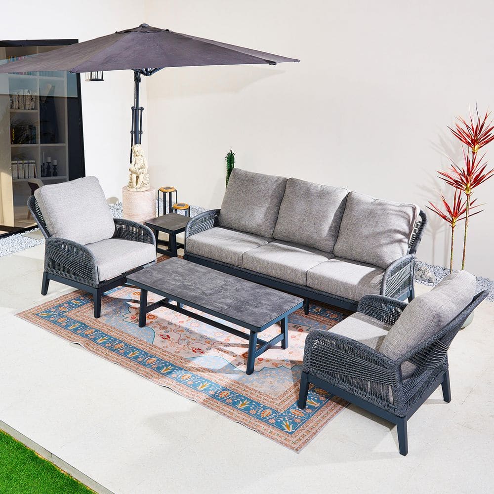 Bellaire 5-Piece Outdoor Aluminum Rope Weaving Patio Conversation Set with Gray Cushions