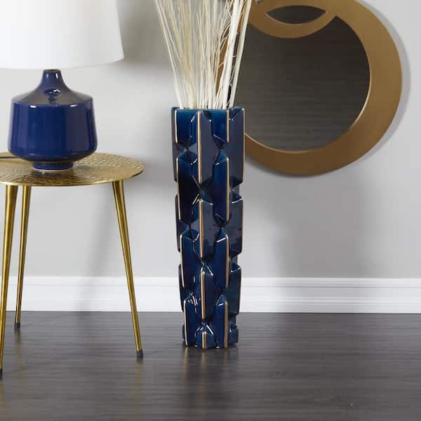 27 in. Teal Faceted Ceramic Decorative Vase with Gold Accents