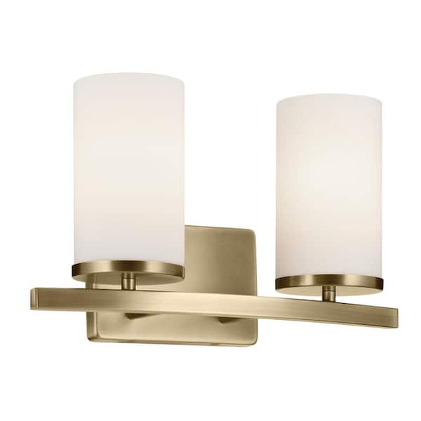 KICHLER Crosby 15.25 in. 2-Light Natural Brass Contemporary Bathroom Vanity Light with Satin Etched Opal Glass