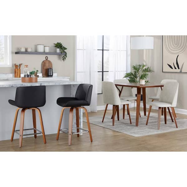 Santi 23.25 in. Black Faux Leather, Walnut Wood and Chrome Metal Fixed-Height Counter Stool ((set of 2))