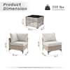 Dimension diagram for the Caodoc Coralia Gray Wicker Sectional and coffee table.