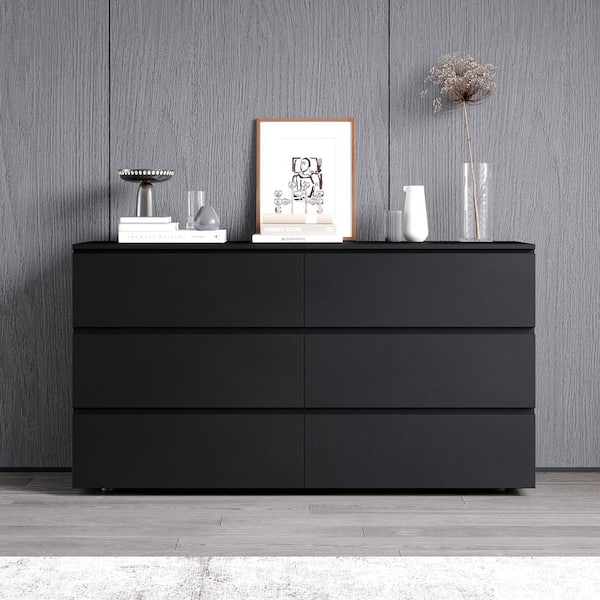 FUFU&GAGA Black 6-Drawer 59 in. W Wooden Dresser without Mirror, Chest of Drawers, Storage Sideboard FUFU&GAGA Black 6-Drawer 59 in. W Wooden Dresser without Mirror, Chest of Drawers, Storage Sideboard