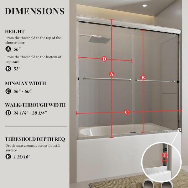 Ridge 56 in. W x 60 in. H Sliding Semi-Frameless Tub Door in Brushed Nickel Finish with Clear Glass