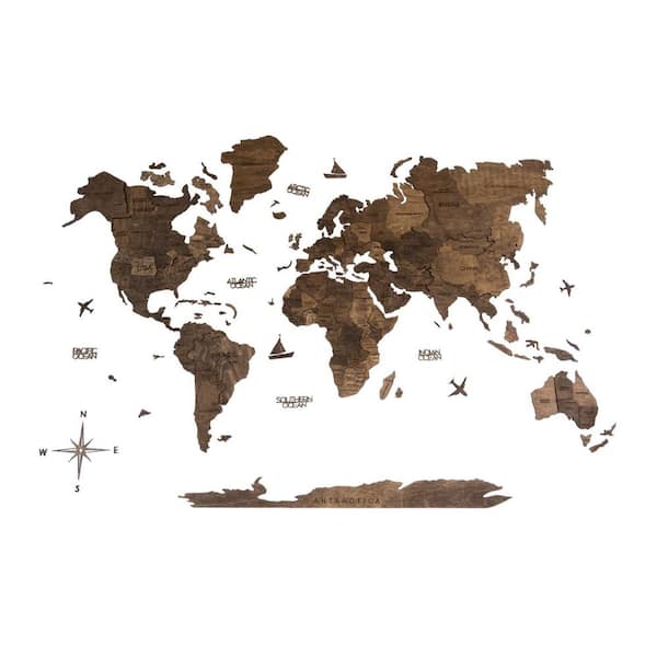 HomeRoots 79 in. x 47 in. Brown Dark Wood World Map Hanging Dimensional Wall Art 1-Piece