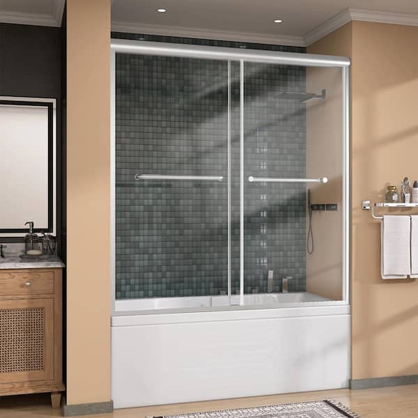 Zeafive 60 in. W x 62 in. H Semi-Frameless Double Sliding Bath Tub Shower Door in Brushed Nickel with 5/16 in. Tempered Glass