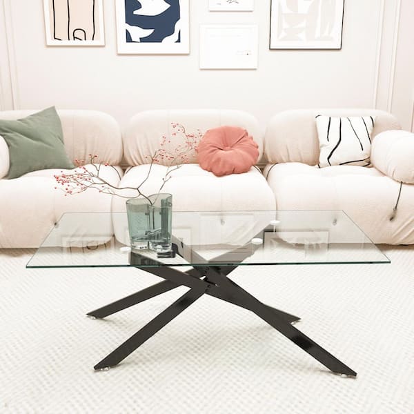 47.2 in. Rectangle Clear Tempered Glass Coffee Table with Black Metal Legs, Modern Living Room Accent Furniture