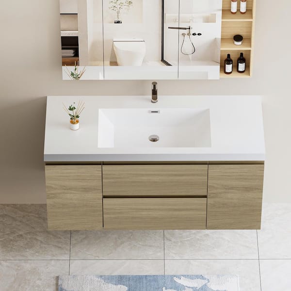 ANGELES HOME 48 in. W Assembled MFC Wood Floating Bathroom Vanity in Light Wood, White Resin Top Single Sink