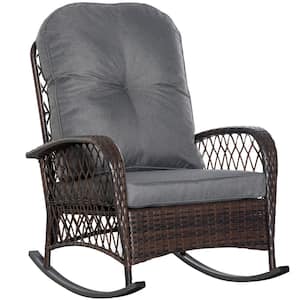 PE Rattan Wicker Outdoor Rocking Chair, Patio Wicker Recliner Rocker Chair with Grey Soft Cushion