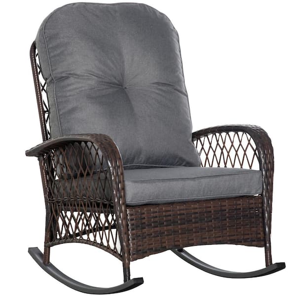 Outsunny PE Rattan Wicker Outdoor Rocking Chair, Patio Wicker Recliner Rocker Chair with Grey Soft Cushion