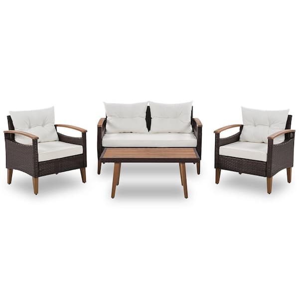 4-Piece Wicker Outdoor Sectional Set with Table & Beige Cushions