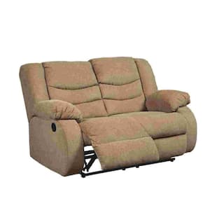 63 in. Brown Solid Fabric 2-Seater Reclining Loveseat with Pull Tab Reclining Motion