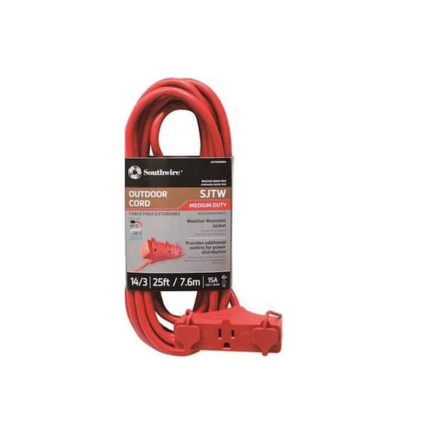 Southwire 25 ft. 14/3 Outdoor Triple Outlet SJTW Extension Cord, Red