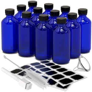 8 oz. Boston Round Glass Bottles with Lids, Brush, Marker and Labels-Blue (Pack of 12)