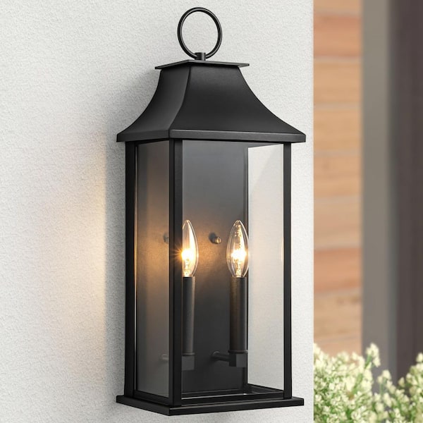 Montpelier 20.6 in. 2-Light Sand Grain Black Dusk to Dawn Outdoor Hardwired Wall Lantern Scone
