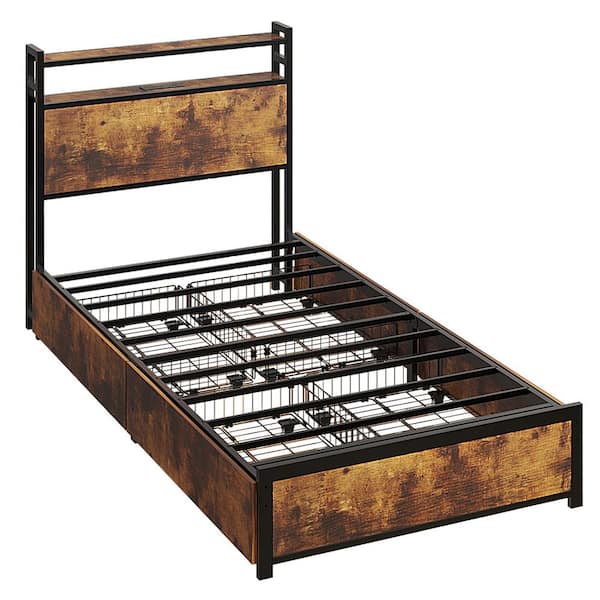 Brown Metal Frame Twin Platform Bed with 4 Storage Drawers, Built in Charging Station and LED Light