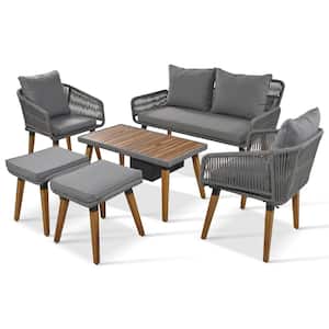 6-Piece Gray Wood Patio Conversation Set with Gray Cushions and Acacia Wood Cool Bar Table, Ice Bucket
