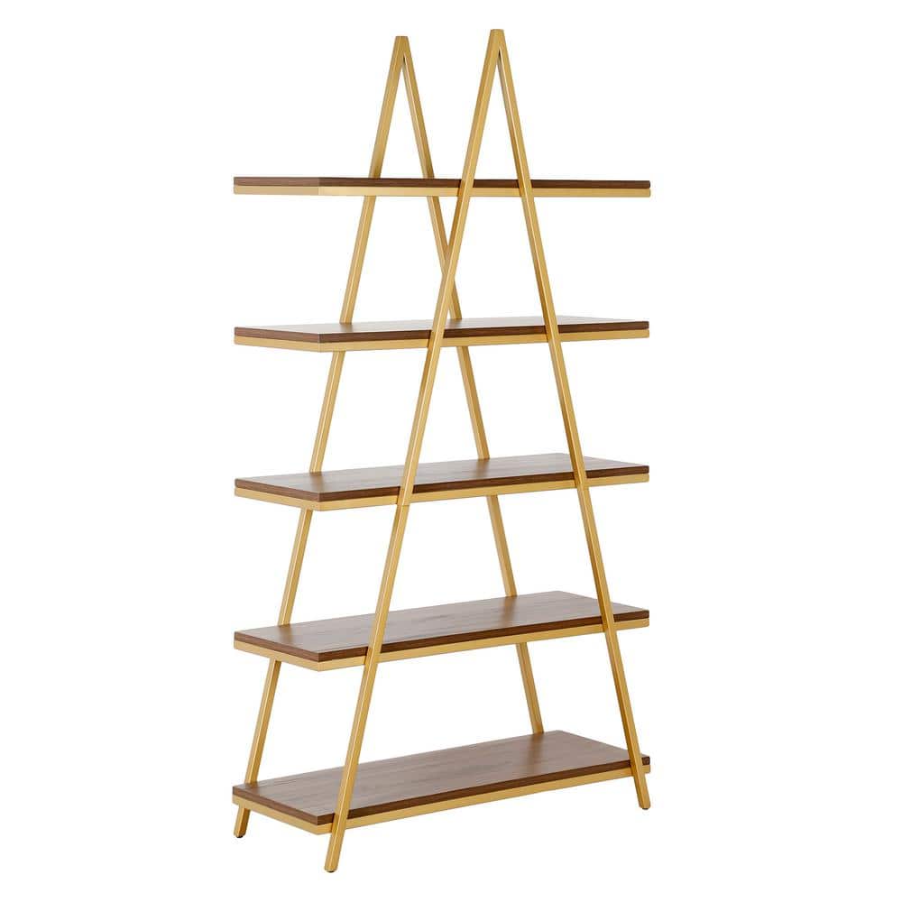 Aurum Ladder 68'' Gold and Walnut 5-Tier Bookshelf