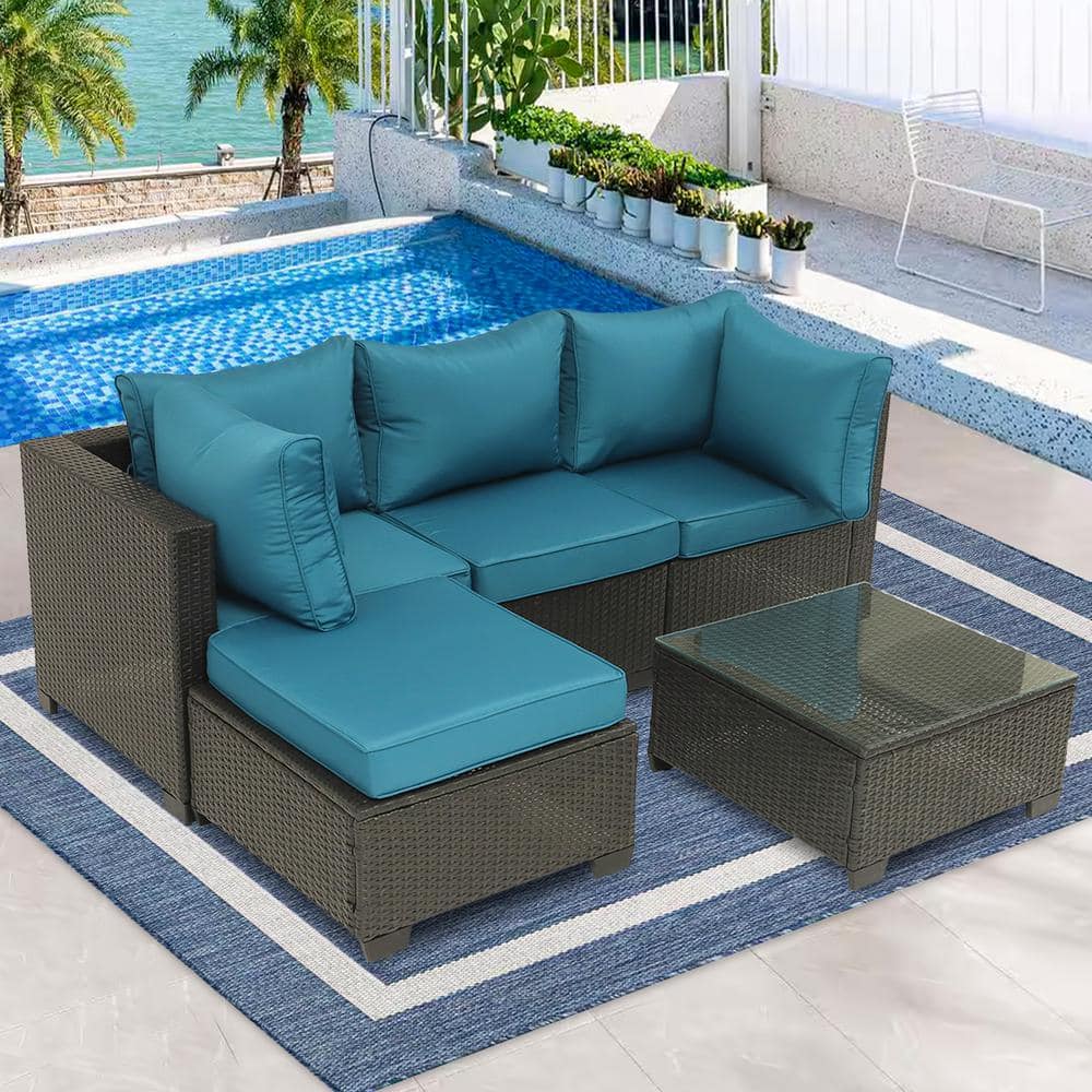 5-Piece Coffee Wicker Outdoor Sectional Set with Table and Peacock Blue Cus