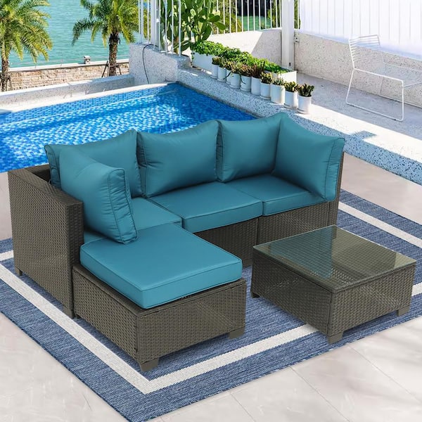 Unbranded 5-Piece Coffee Wicker Outdoor Sectional Set with Table and Peacock Blue Cushions
