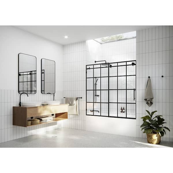 Glass Warehouse Esprit 56 in. W - 60 in. W x 60 in. H Sliding Frameless Bath Tub Shower Door in Matte Black French Monture Opens Right