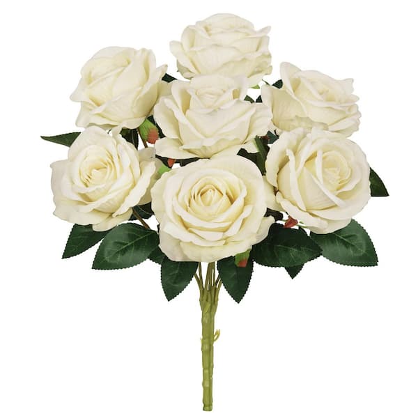 16 in. Ivory Artificial Velvet Rose Flower Stem Bush Bouquet (Set-2)