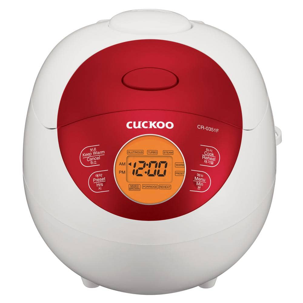 Cuckoo CR-0351FR 3-Cup (Uncooked) Electric Warmer Rice Cooker with Nonstick Inner Pot, 6 Menu Modes, LCD Display (Red)